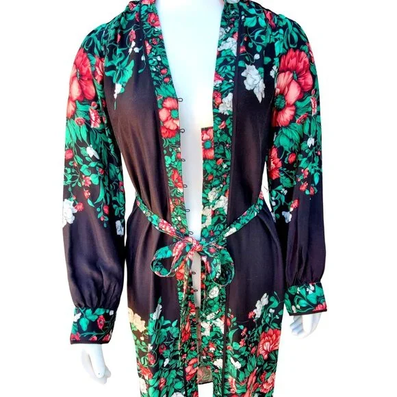 Anthropologie Bohemian Midi Shirt Dress 12 Long Sleeve Black and Green Floral - Picture 11 of 12